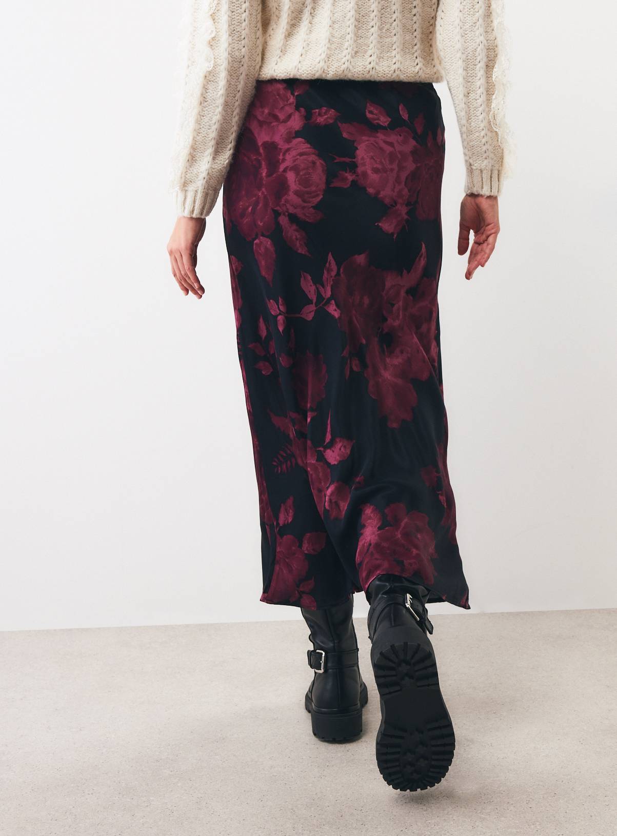 Dark Red Floral Satin Midaxi Slip Skirt 10 - Image 4